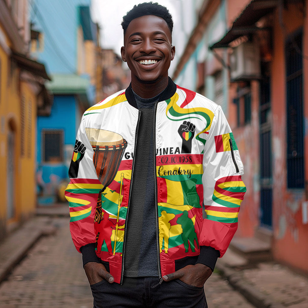Guinea Independence Day Conakry Sleeve Zip Bomber Jacket African Flag Djembe Drum Freedom