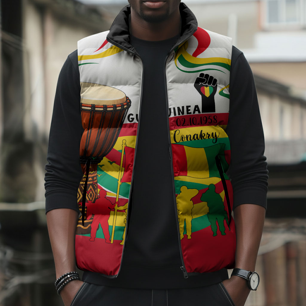 Guinea Independence Day Conakry Sleeveless Puffer Jacket African Flag Djembe Drum Freedom