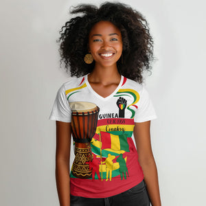 Guinea Independence Day Conakry Women V-Neck T-Shirt African Flag Djembe Drum Freedom