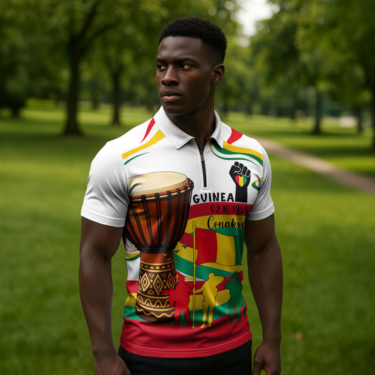 Guinea Independence Day Conakry Zipper Polo Shirt African Flag Djembe Drum Freedom