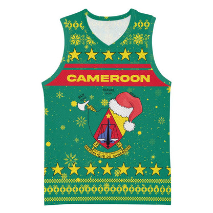 Cameroon Christmas Basketball Jersey Coat of Arms Santa Hat and Stars Motif TS04