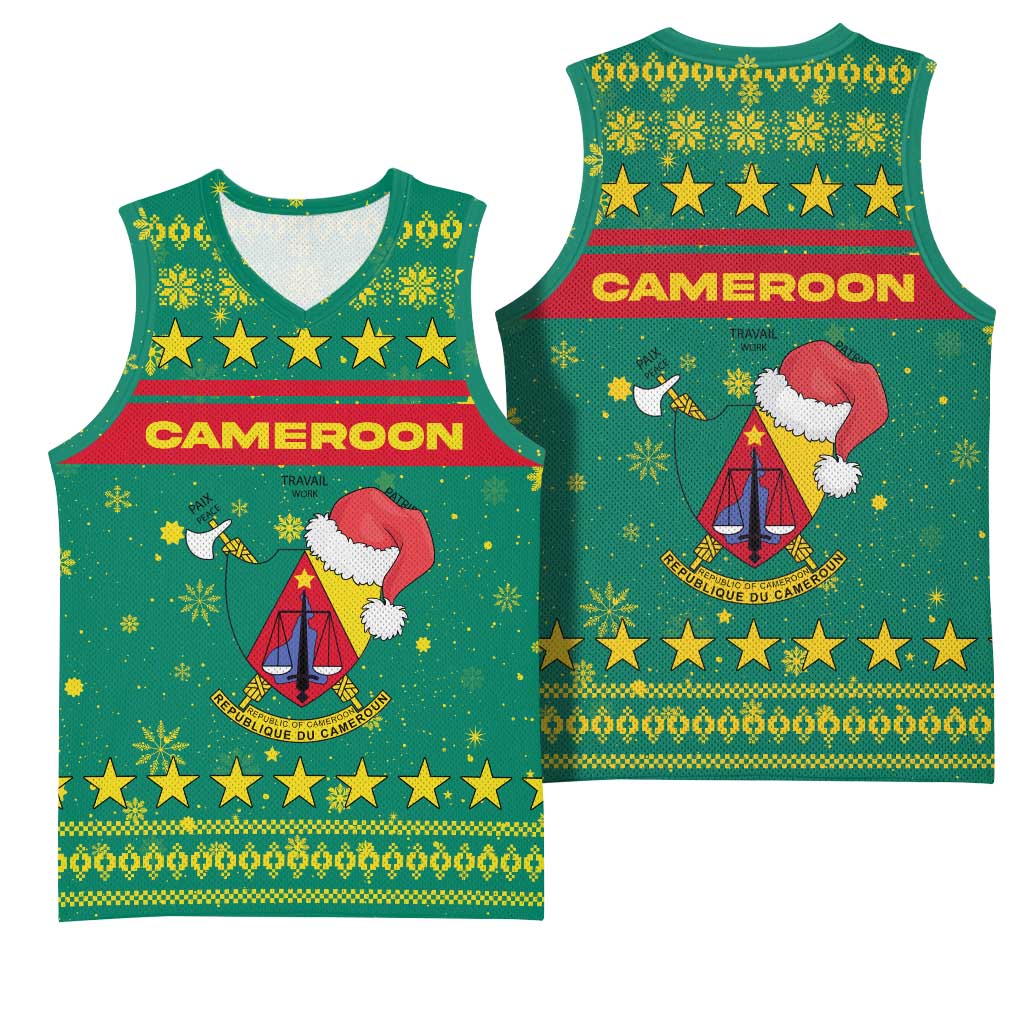 Cameroon Christmas Basketball Jersey Coat of Arms Santa Hat and Stars Motif TS04