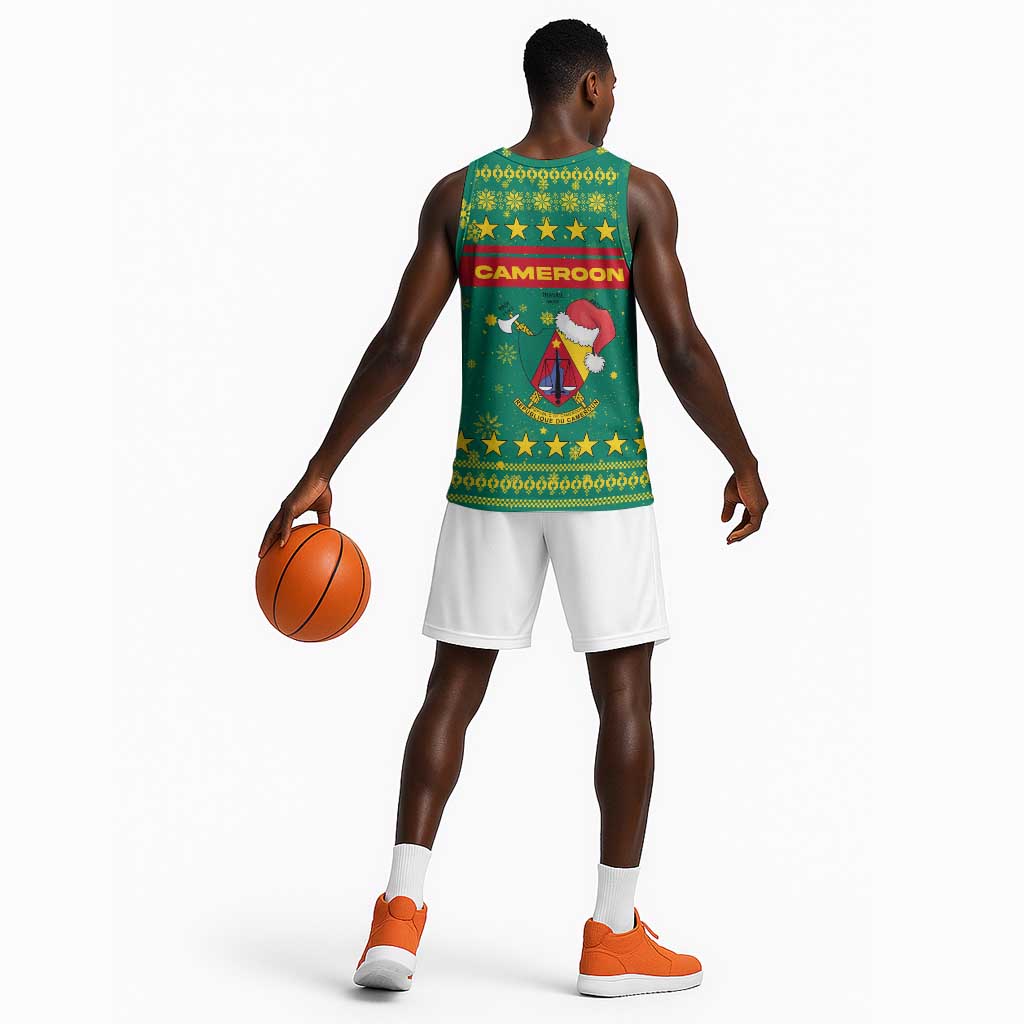 Cameroon Christmas Basketball Jersey Coat of Arms Santa Hat and Stars Motif TS04