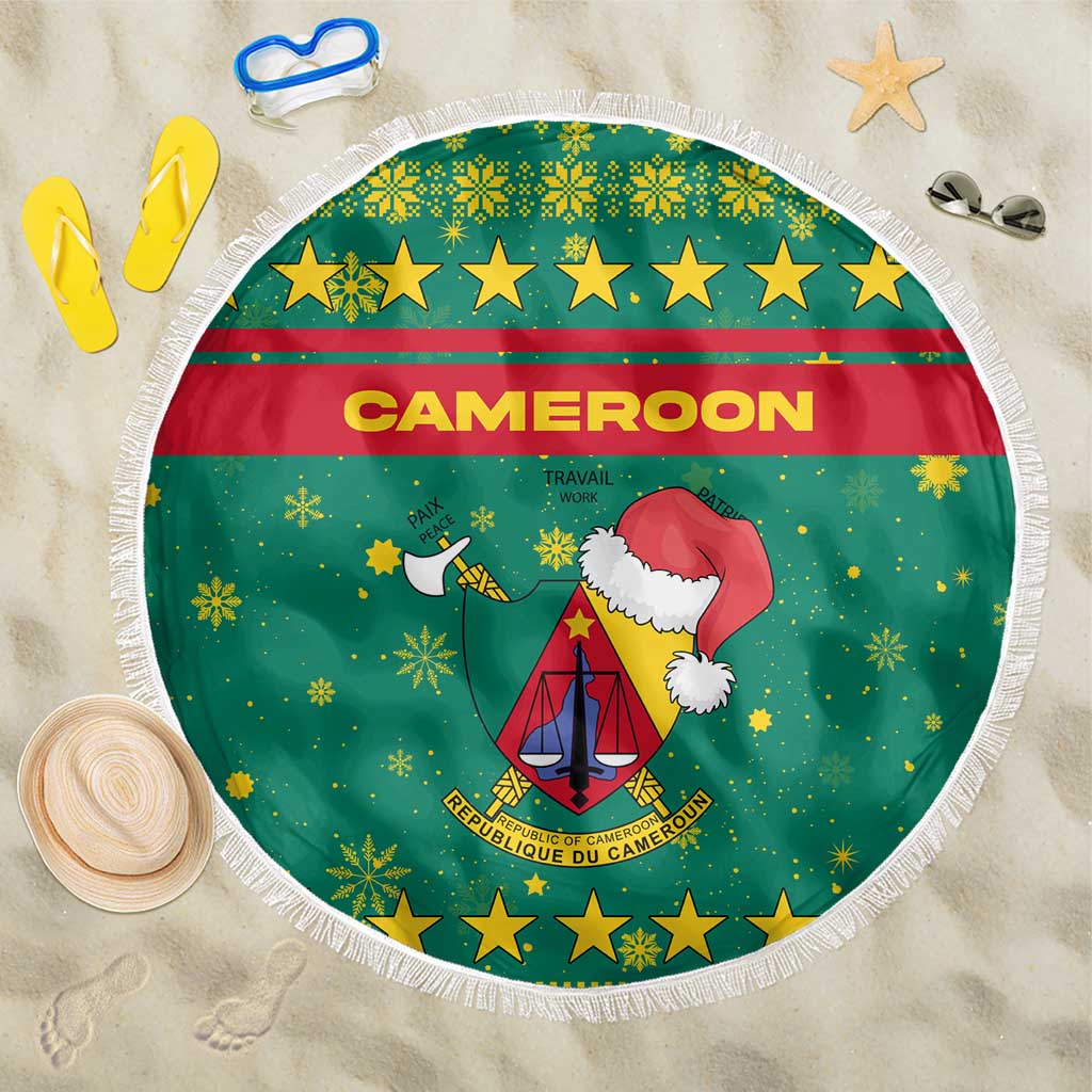 Cameroon Christmas Beach Blanket Coat of Arms Santa Hat and Stars Motif - African Pride