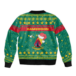 Cameroon Christmas Bomber Jacket Coat of Arms Santa Hat and Stars Motif - African Pride