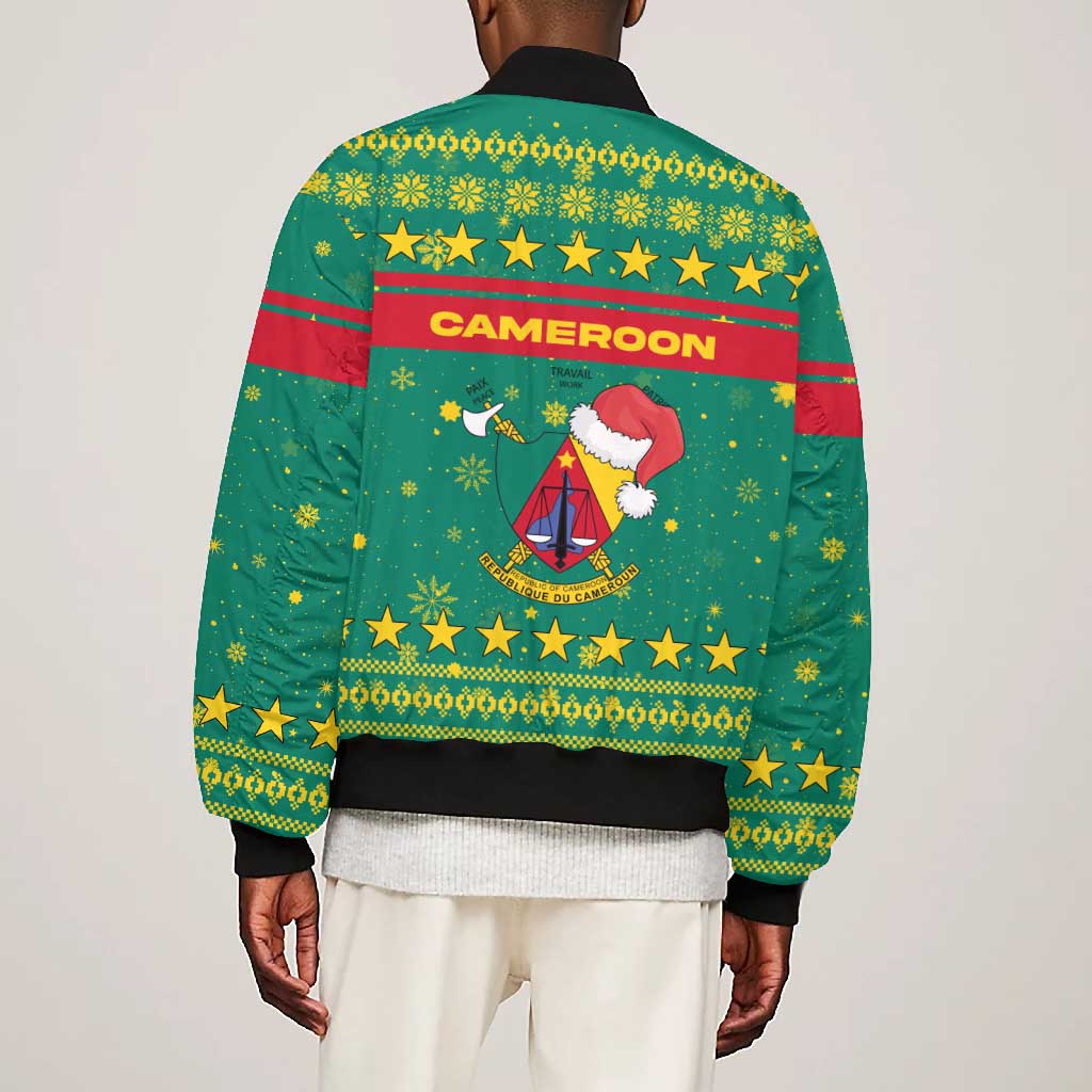 Cameroon Christmas Bomber Jacket Coat of Arms Santa Hat and Stars Motif - African Pride