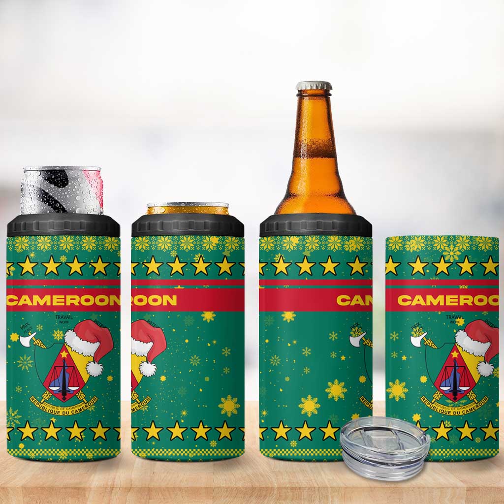 Cameroon Christmas 4 in 1 Can Cooler Tumbler Coat of Arms Santa Hat and Stars Motif - African Pride