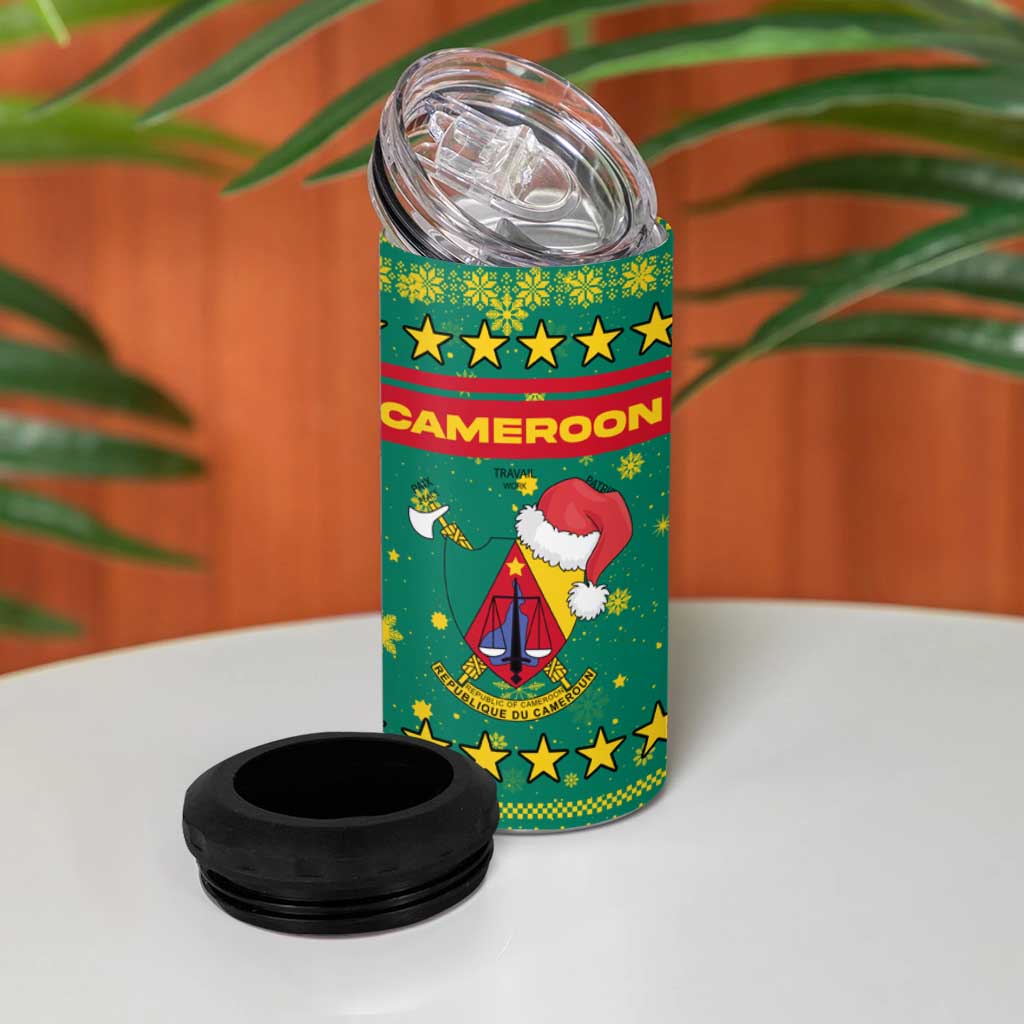 Cameroon Christmas 4 in 1 Can Cooler Tumbler Coat of Arms Santa Hat and Stars Motif - African Pride