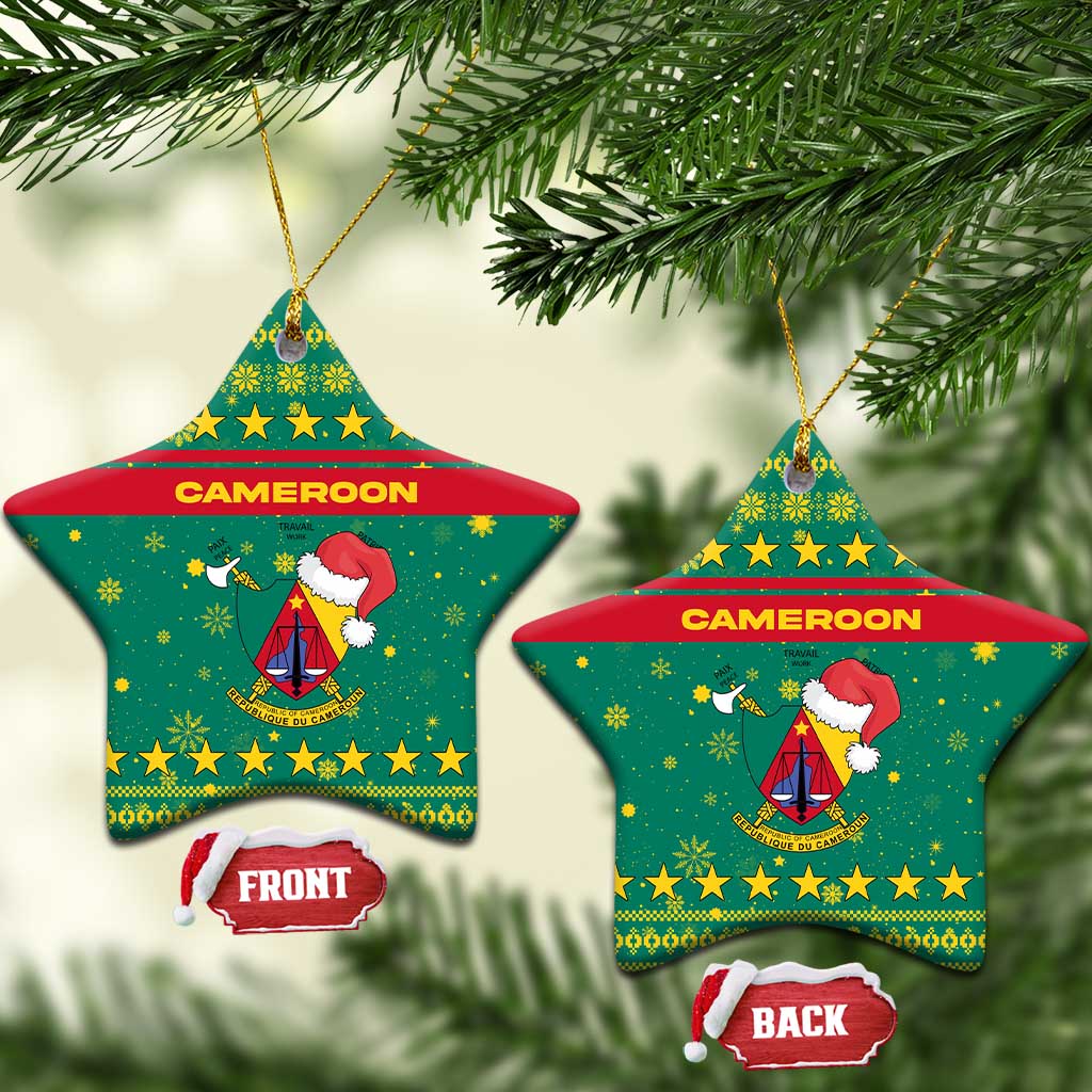 Cameroon Christmas Ceramic Ornament Coat of Arms Santa Hat and Stars Motif - African Pride