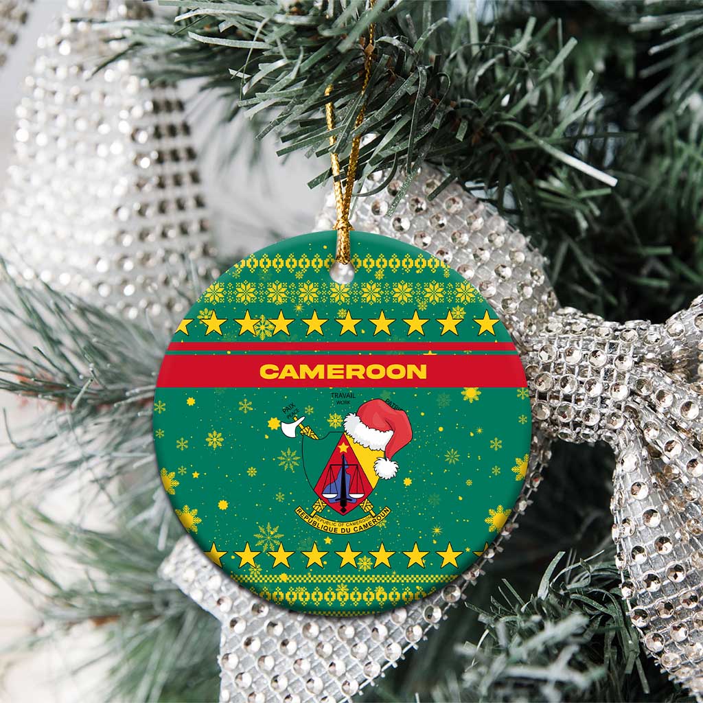 Cameroon Christmas Ceramic Ornament Coat of Arms Santa Hat and Stars Motif - African Pride