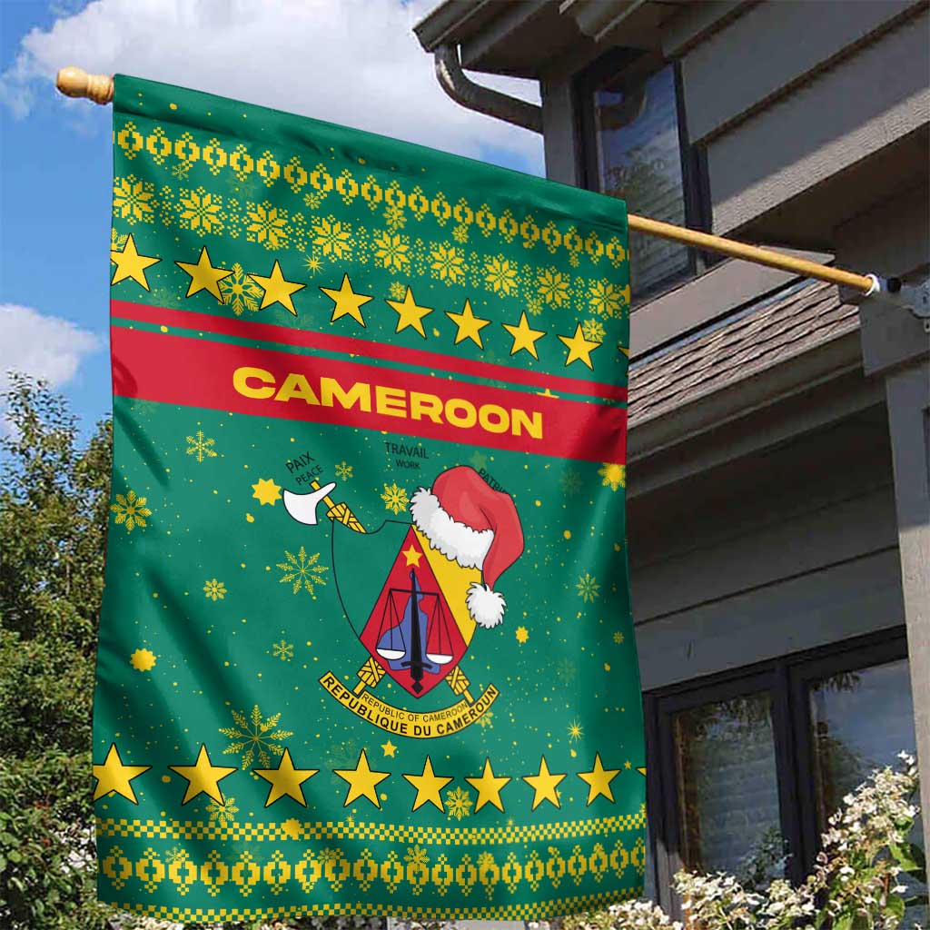 Cameroon Christmas Garden Flag Coat of Arms Santa Hat and Stars Motif - African Pride