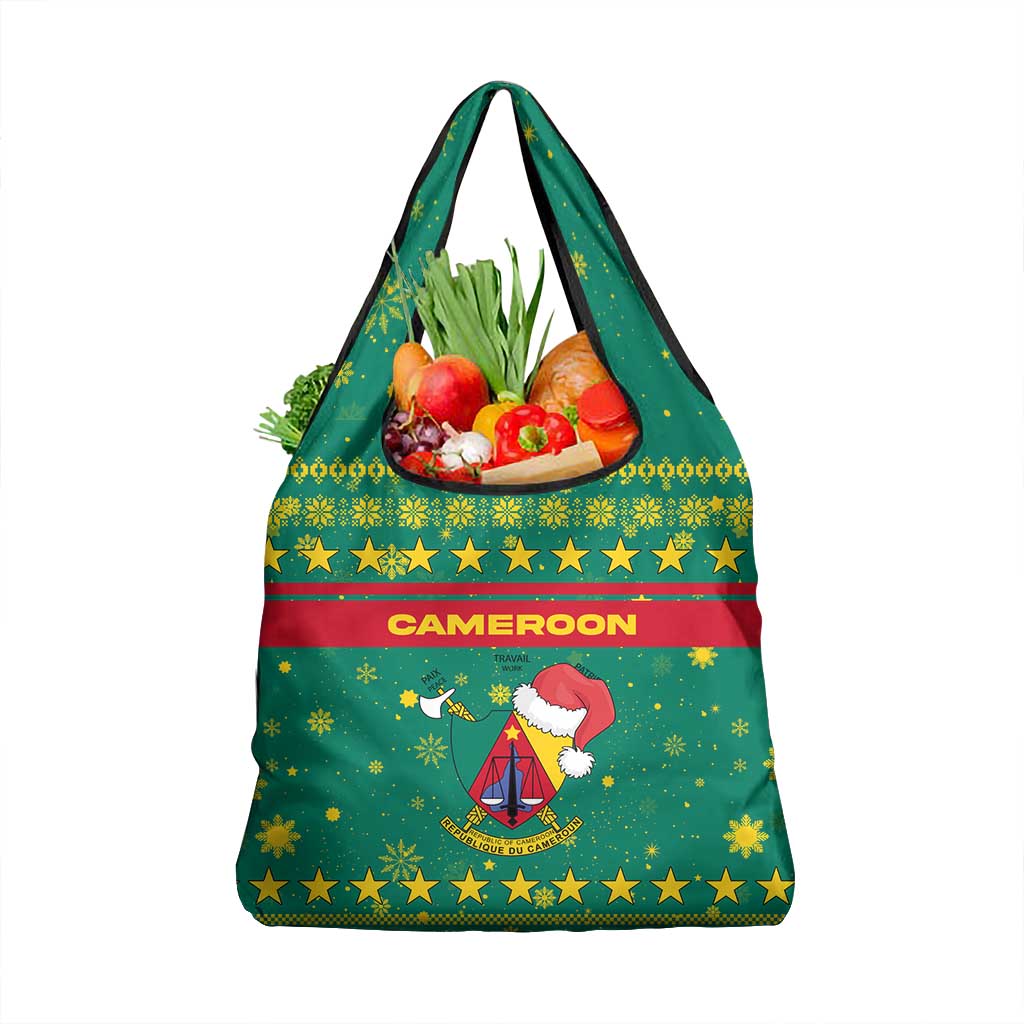 Cameroon Christmas Grocery Bag Coat of Arms Santa Hat and Stars Motif - African Pride