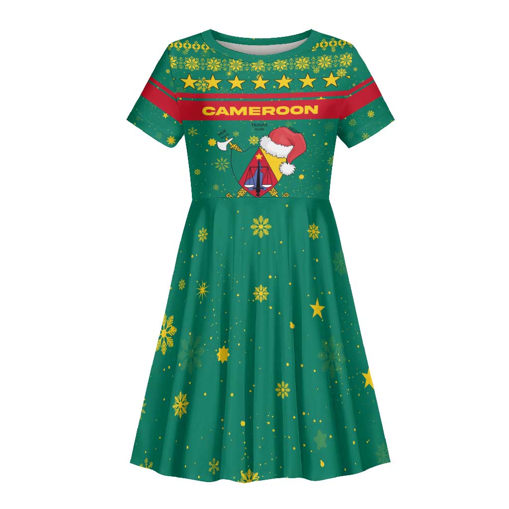 Cameroon Christmas Kid Short Sleeve Dress Coat of Arms Santa Hat and Stars Motif - African Pride