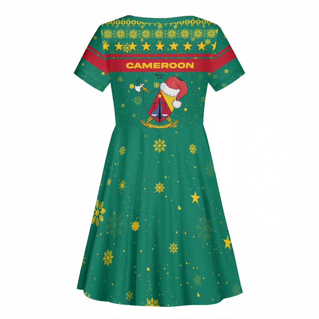 Cameroon Christmas Kid Short Sleeve Dress Coat of Arms Santa Hat and Stars Motif - African Pride