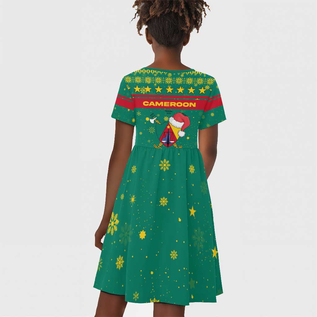 Cameroon Christmas Kid Short Sleeve Dress Coat of Arms Santa Hat and Stars Motif - African Pride