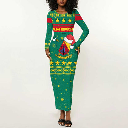 Cameroon Christmas Long Sleeve Bodycon Dress Coat of Arms Santa Hat and Stars Motif - African Pride