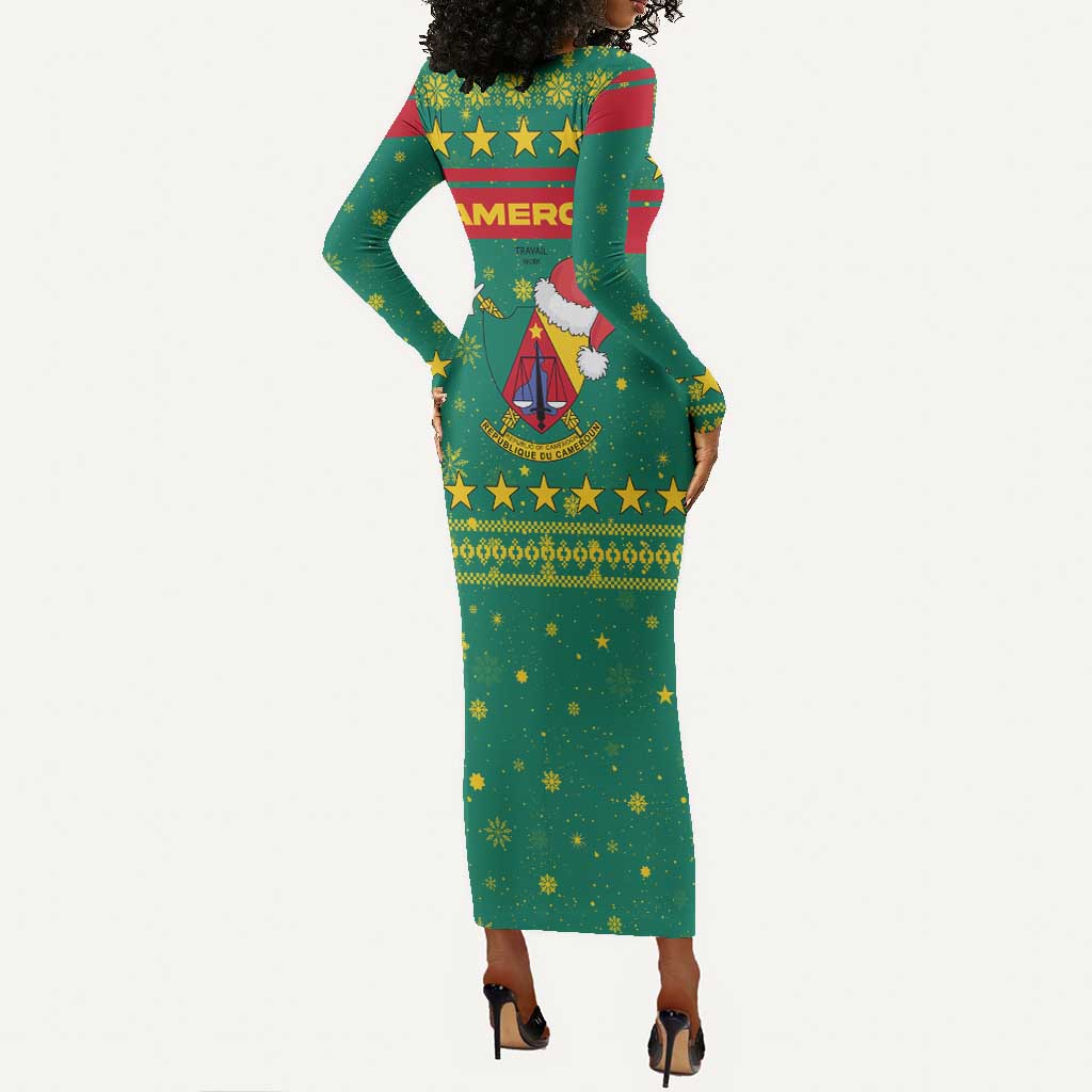 Cameroon Christmas Long Sleeve Bodycon Dress Coat of Arms Santa Hat and Stars Motif - African Pride