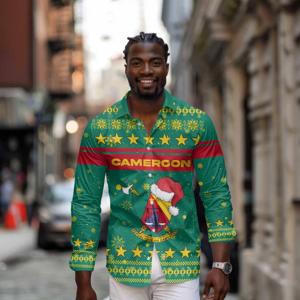 Cameroon Christmas Long Sleeve Button Shirt Coat of Arms Santa Hat and Stars Motif - African Pride