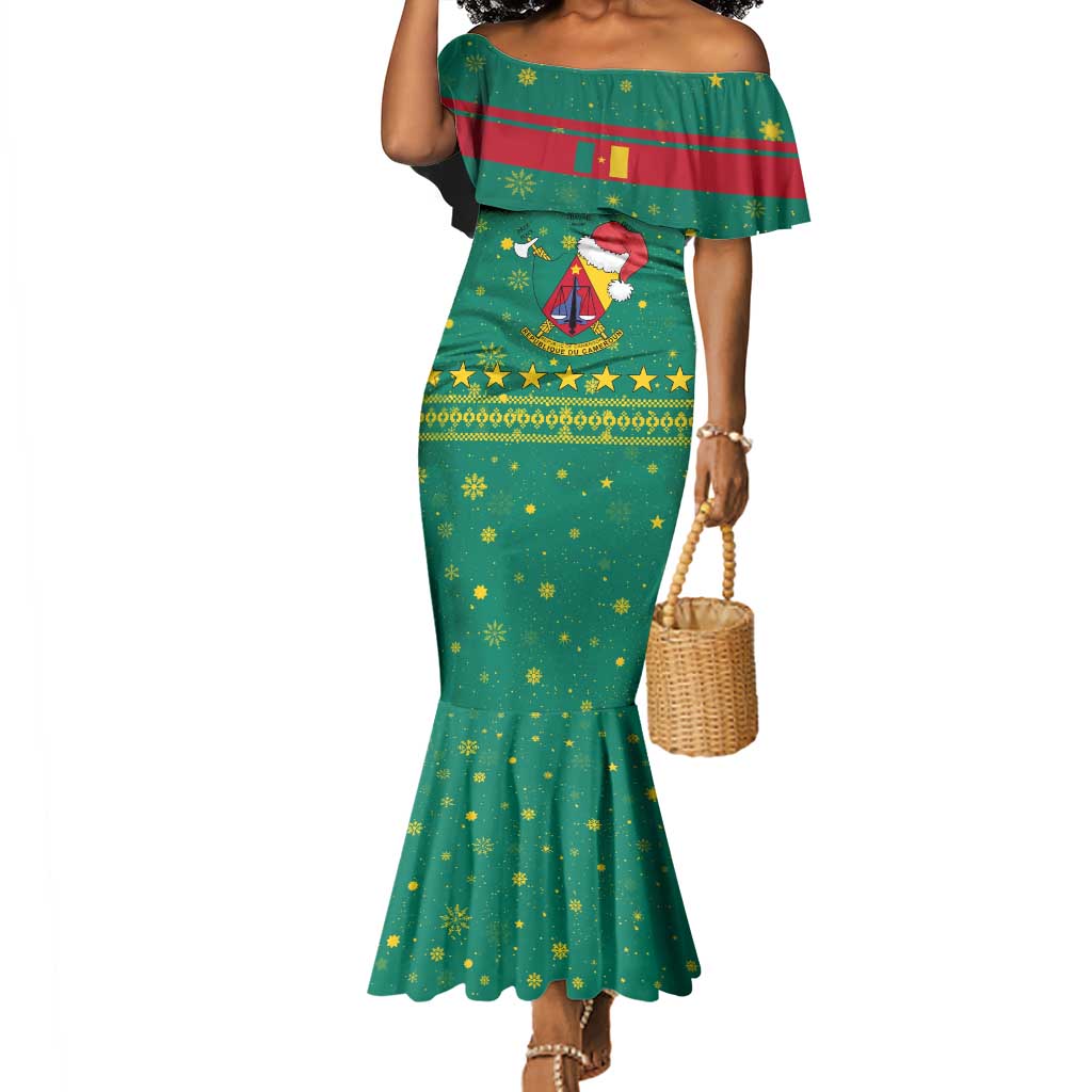 Cameroon Christmas Mermaid Dress Coat of Arms Santa Hat and Stars Motif - African Pride