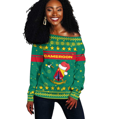 Cameroon Christmas Off Shoulder Sweater Coat of Arms Santa Hat and Stars Motif - African Pride