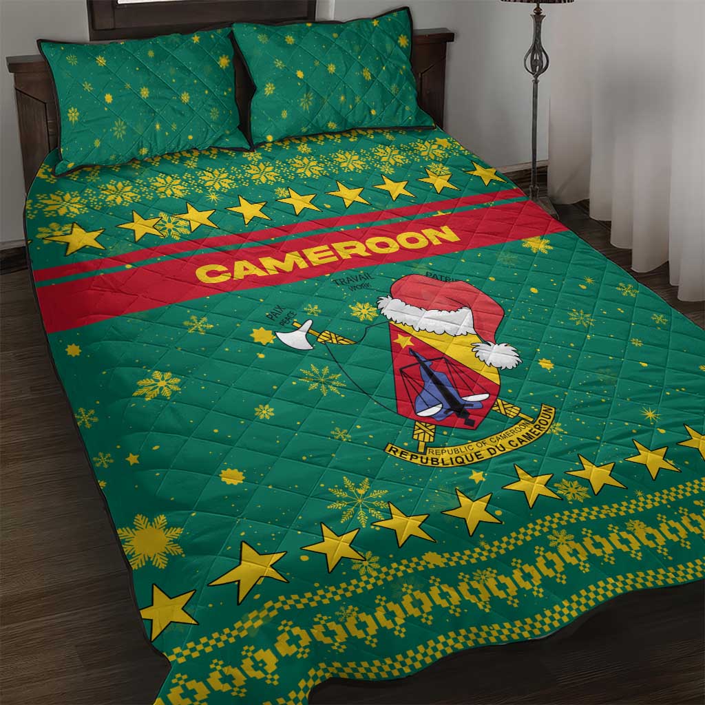 Cameroon Christmas Quilt Bed Set Coat of Arms Santa Hat and Stars Motif - African Pride