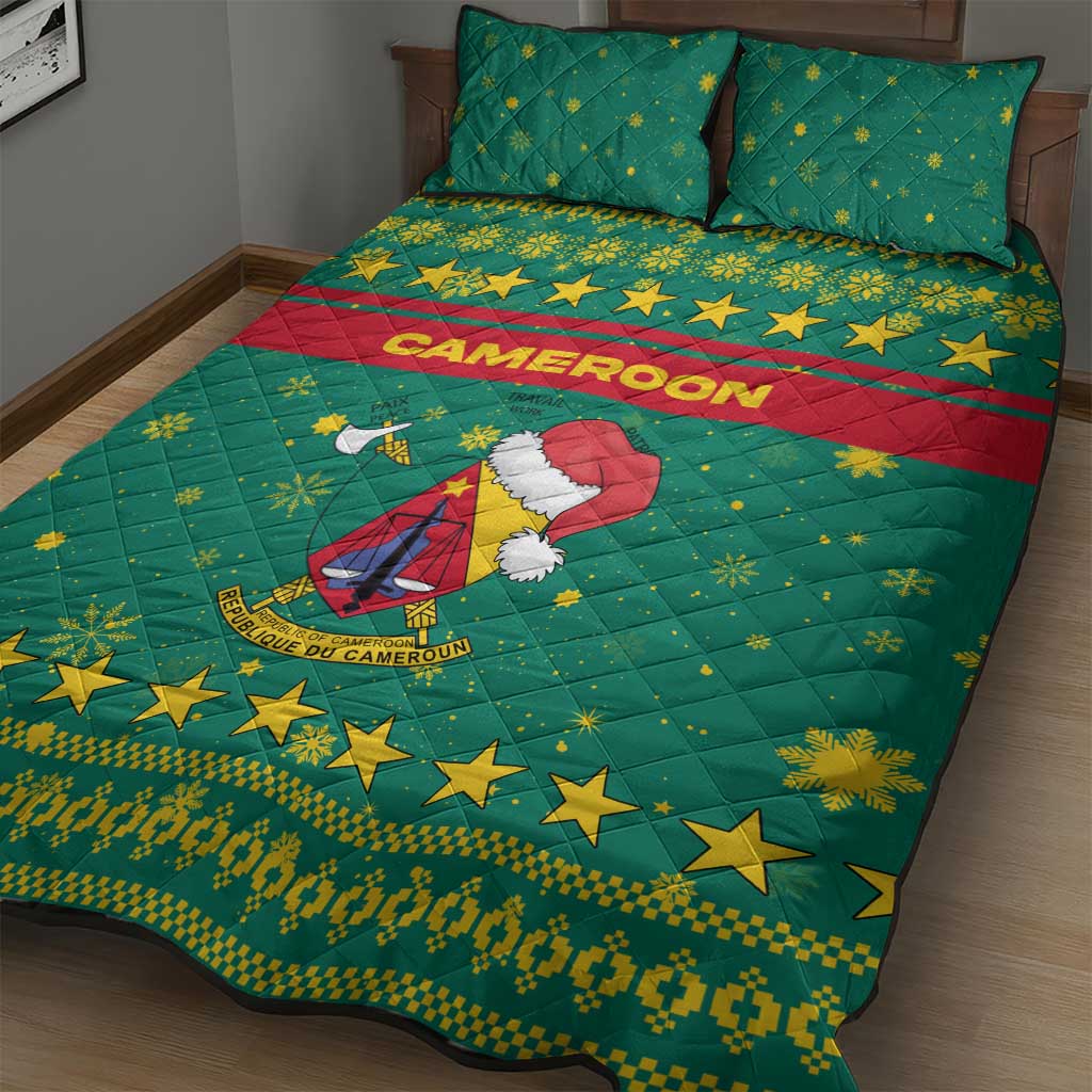 Cameroon Christmas Quilt Bed Set Coat of Arms Santa Hat and Stars Motif - African Pride