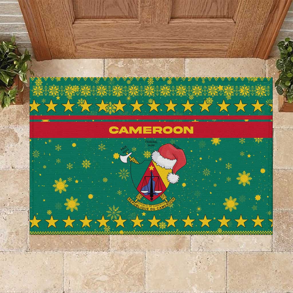 Cameroon Christmas Rubber Doormat Coat of Arms Santa Hat and Stars Motif - African Pride