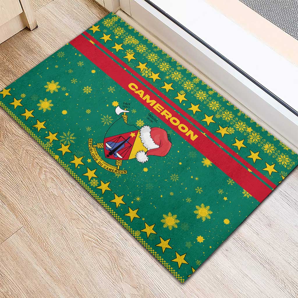 Cameroon Christmas Rubber Doormat Coat of Arms Santa Hat and Stars Motif - African Pride