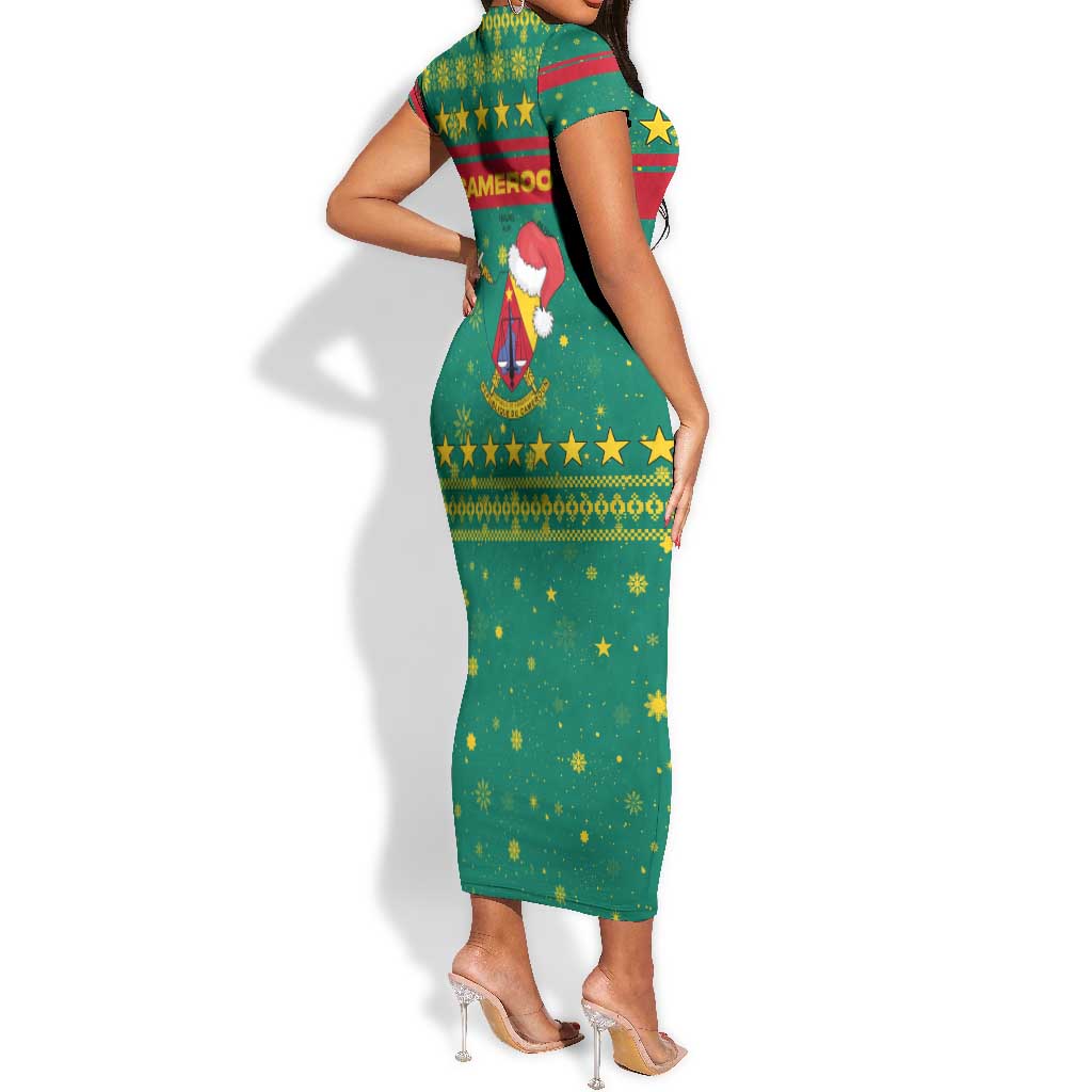 Cameroon Christmas Short Sleeve Bodycon Dress Coat of Arms Santa Hat and Stars Motif - African Pride