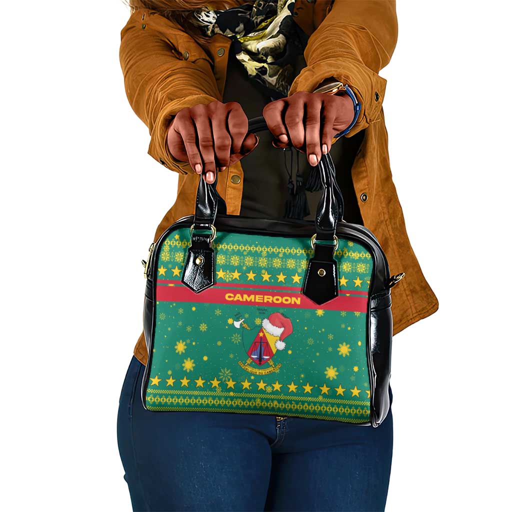 Cameroon Christmas Shoulder Handbag Coat of Arms Santa Hat and Stars Motif - African Pride