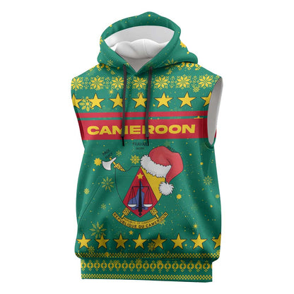 Cameroon Christmas Sleeveless Hoodie Coat of Arms Santa Hat and Stars Motif - African Pride