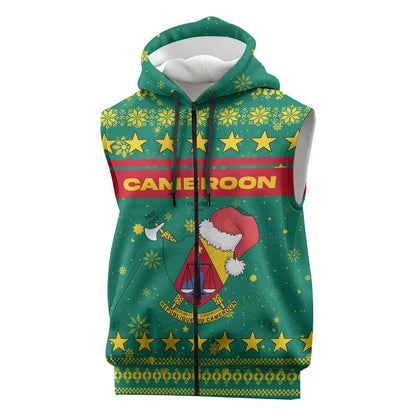 Cameroon Christmas Sleeveless Zip Hoodie Coat of Arms Santa Hat and Stars Motif - African Pride