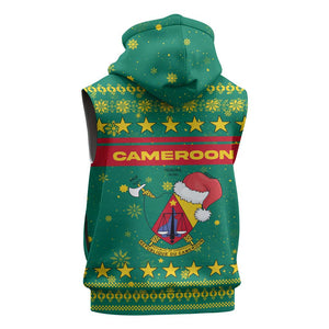Cameroon Christmas Sleeveless Zip Hoodie Coat of Arms Santa Hat and Stars Motif - African Pride