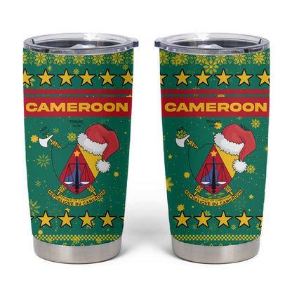 Cameroon Christmas Tumbler Cup Coat of Arms Santa Hat and Stars Motif - African Pride