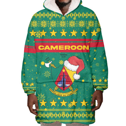 Cameroon Christmas Wearable Blanket Hoodie Coat of Arms Santa Hat and Stars Motif - African Pride