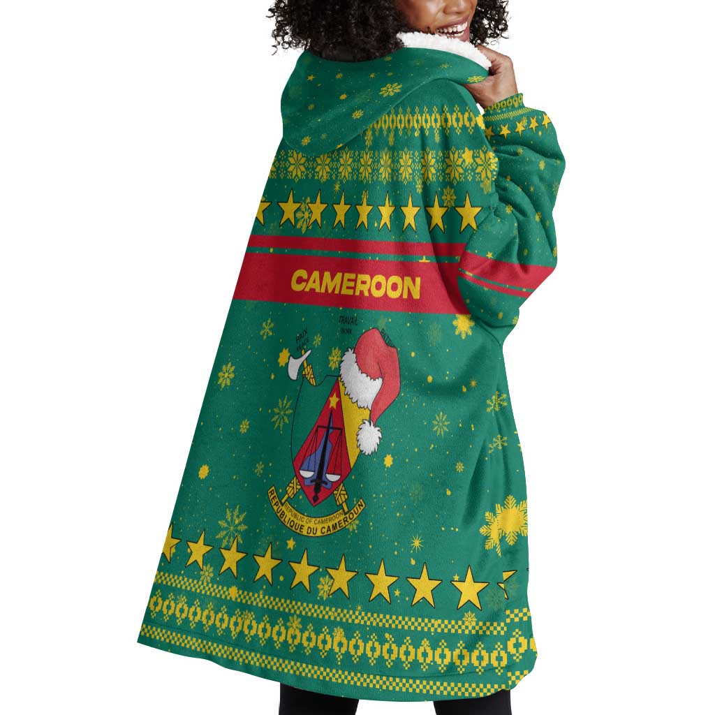 Cameroon Christmas Wearable Blanket Hoodie Coat of Arms Santa Hat and Stars Motif - African Pride