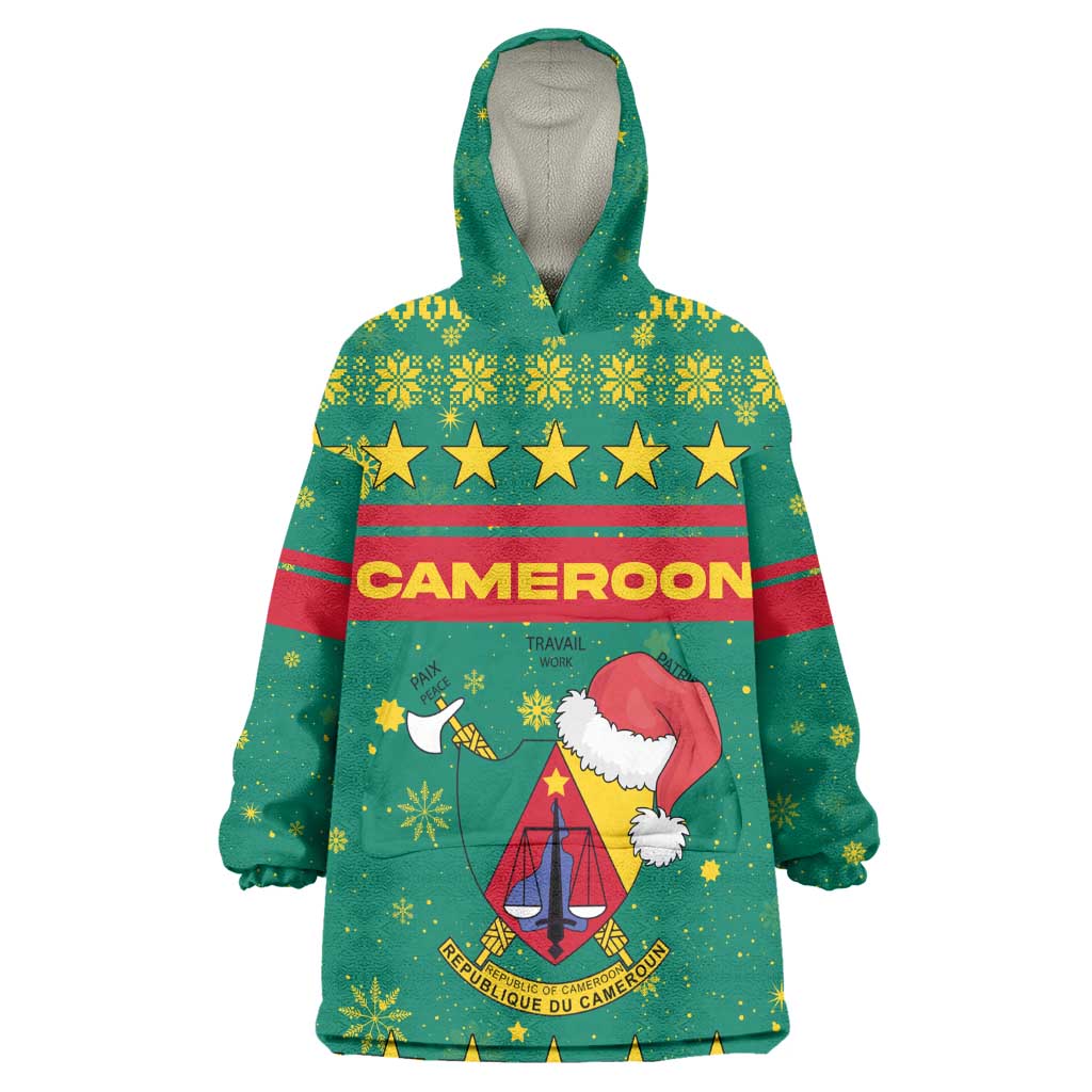 Cameroon Christmas Wearable Blanket Hoodie Coat of Arms Santa Hat and Stars Motif - African Pride