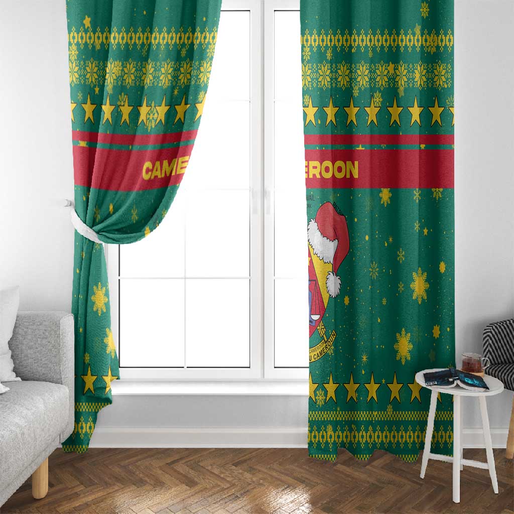Cameroon Christmas Window Curtain Coat of Arms Santa Hat and Stars Motif - African Pride