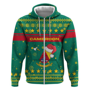 Cameroon Christmas Zip Hoodie Coat of Arms Santa Hat and Stars Motif - African Pride