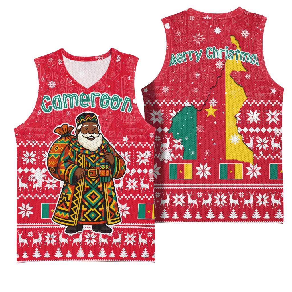 Cameroon Christmas Basketball Jersey Snowflake Pattern Traditional Santa and Map Motif TS04