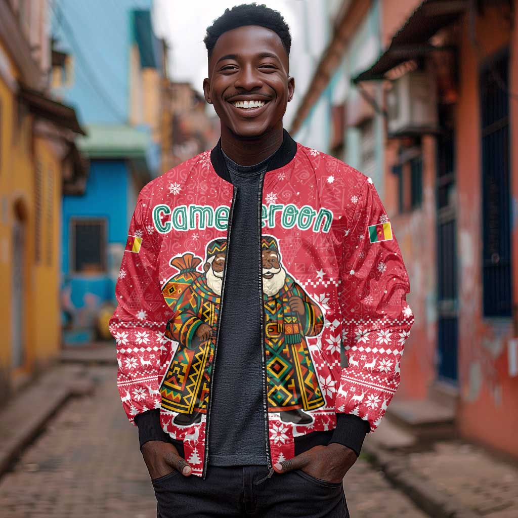 Cameroon Christmas Bomber Jacket Snowflake Pattern Traditional Santa and Map Motif - African Pride