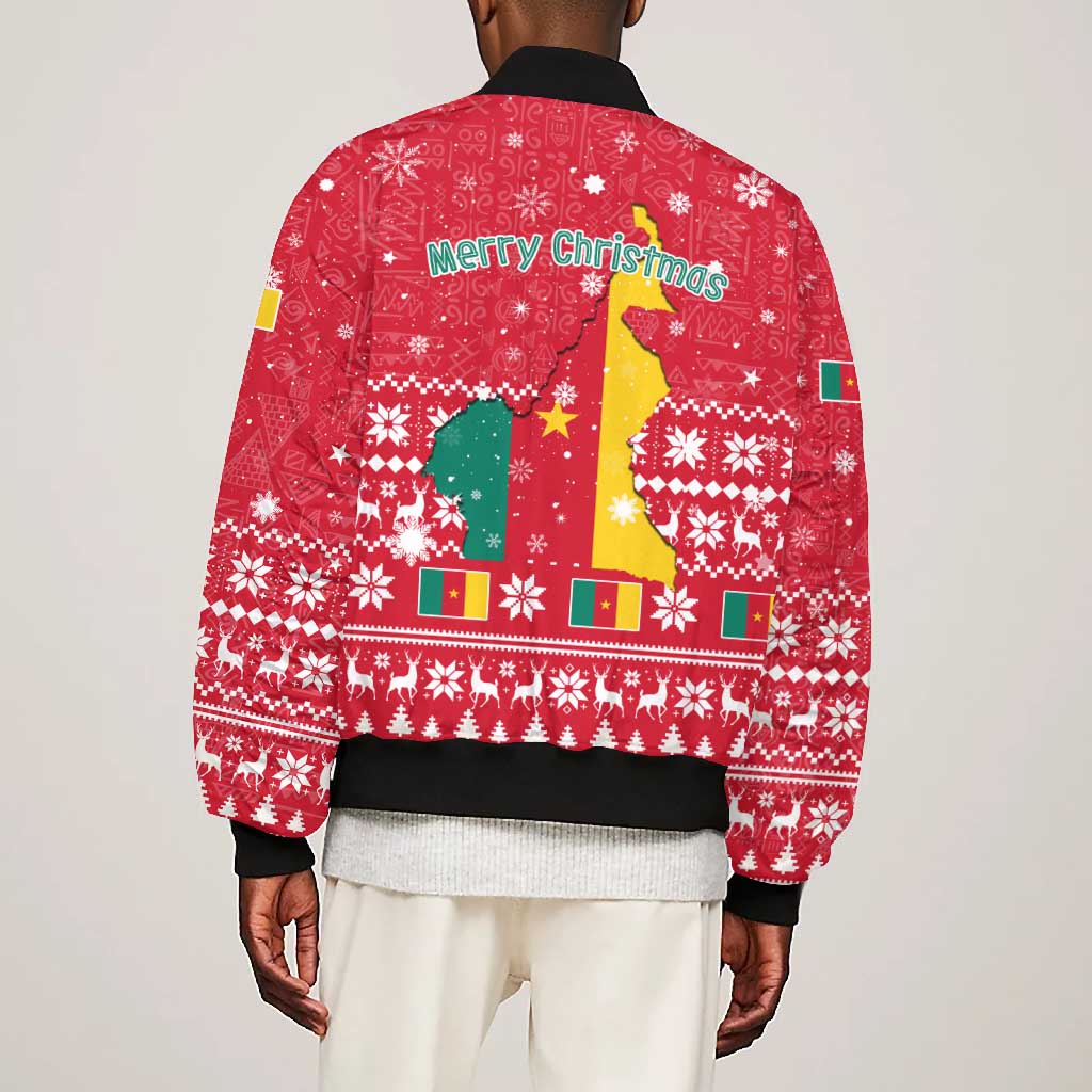 Cameroon Christmas Bomber Jacket Snowflake Pattern Traditional Santa and Map Motif - African Pride