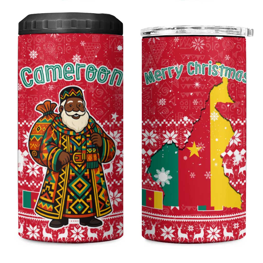 Cameroon Christmas 4 in 1 Can Cooler Tumbler Snowflake Pattern Traditional Santa and Map Motif - African Pride