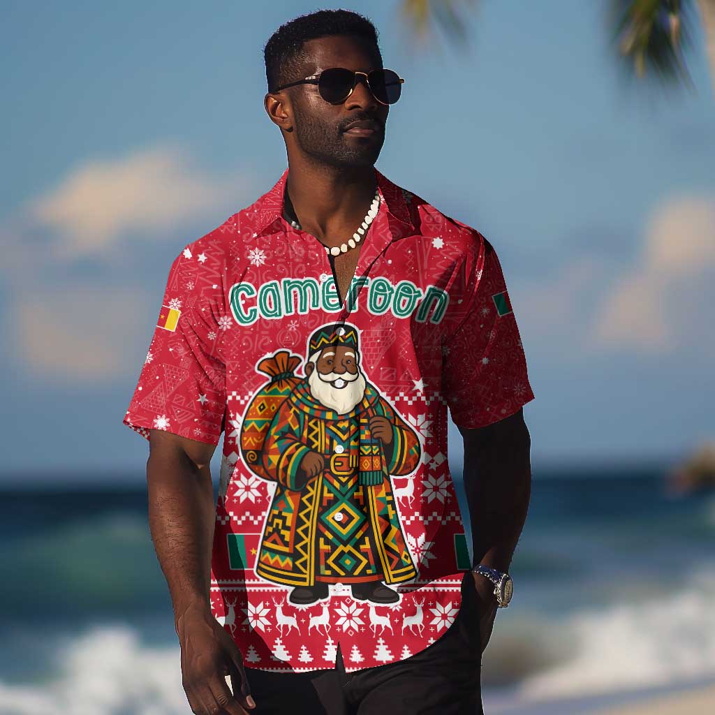 Cameroon Christmas Hawaiian Shirt Snowflake Pattern Traditional Santa and Map Motif - African Pride