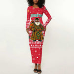 Cameroon Christmas Long Sleeve Bodycon Dress Snowflake Pattern Traditional Santa and Map Motif - African Pride
