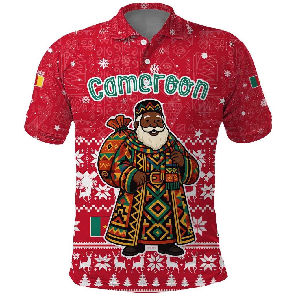 Cameroon Christmas Polo Shirt Snowflake Pattern Traditional Santa and Map Motif - African Pride