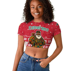 Cameroon Christmas Raglan Cropped T shirt Snowflake Pattern Traditional Santa and Map Motif - African Pride