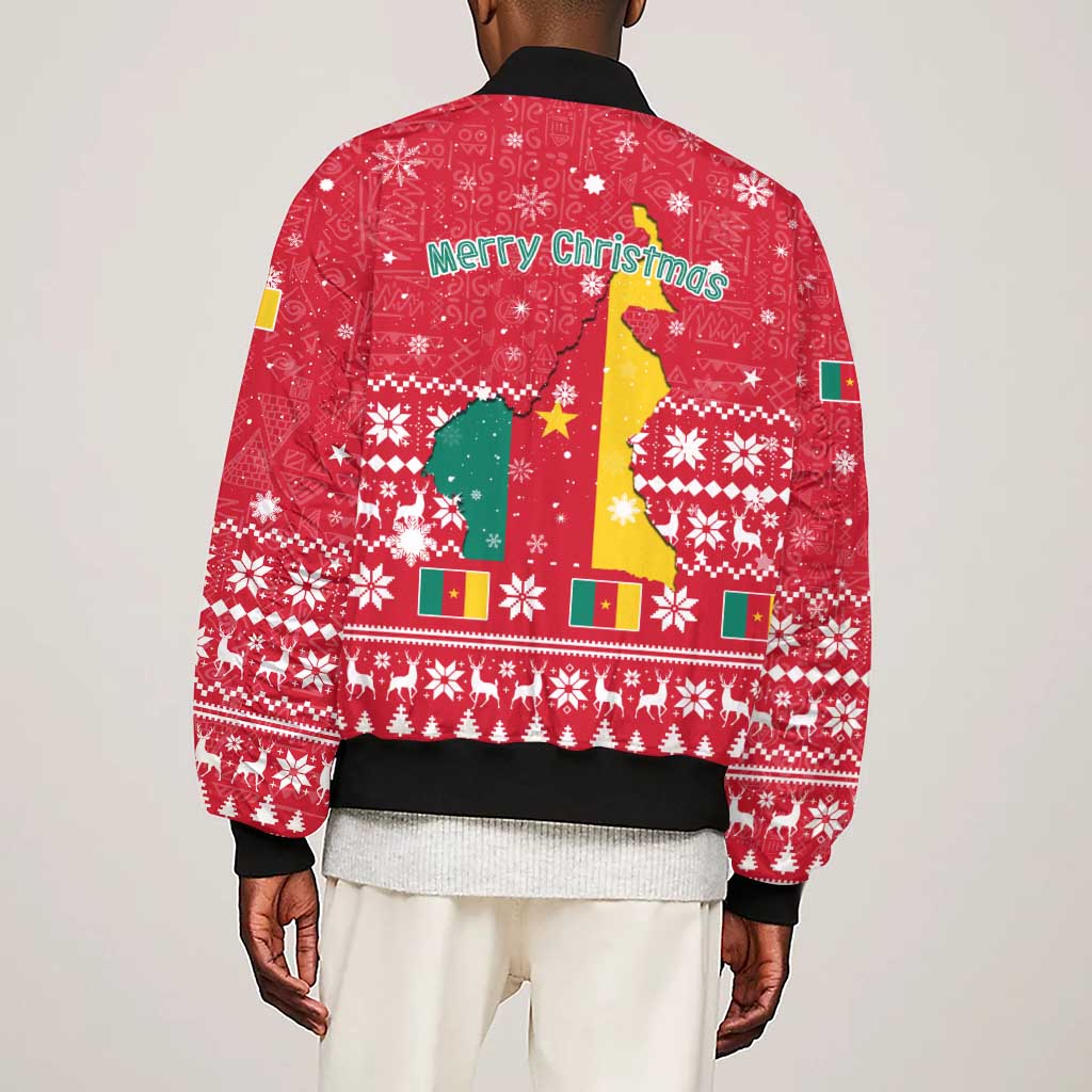 Cameroon Christmas Sleeve Zip Bomber Jacket Snowflake Pattern Traditional Santa and Map Motif - African Pride