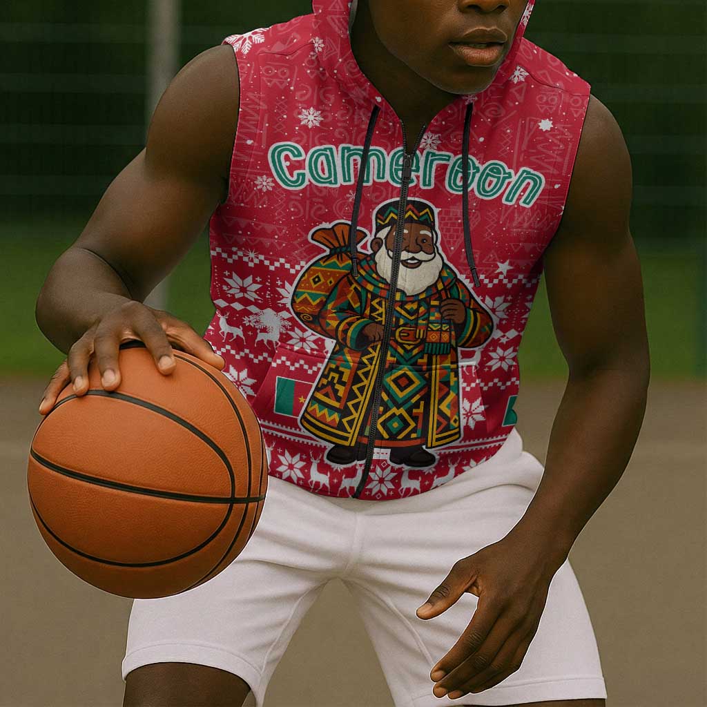 Cameroon Christmas Sleeveless Zip Hoodie Snowflake Pattern Traditional Santa and Map Motif - African Pride