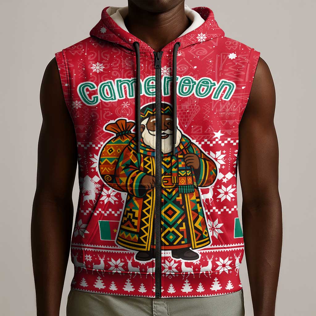Cameroon Christmas Sleeveless Zip Hoodie Snowflake Pattern Traditional Santa and Map Motif - African Pride